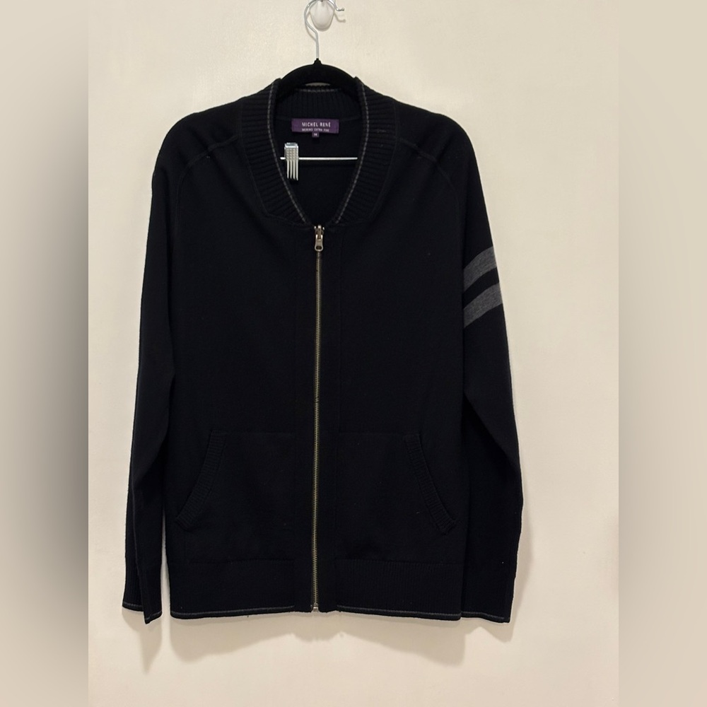 Extra Fine Merino Wool  Black Zip-Up Cardigan with Gray Stripes. Size M